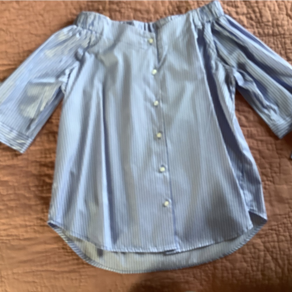 Off-Shoulder Blue Striped Button-Down Shirt